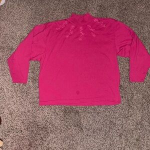 Pink rose vintage embroidered long sleeve turtleneck top